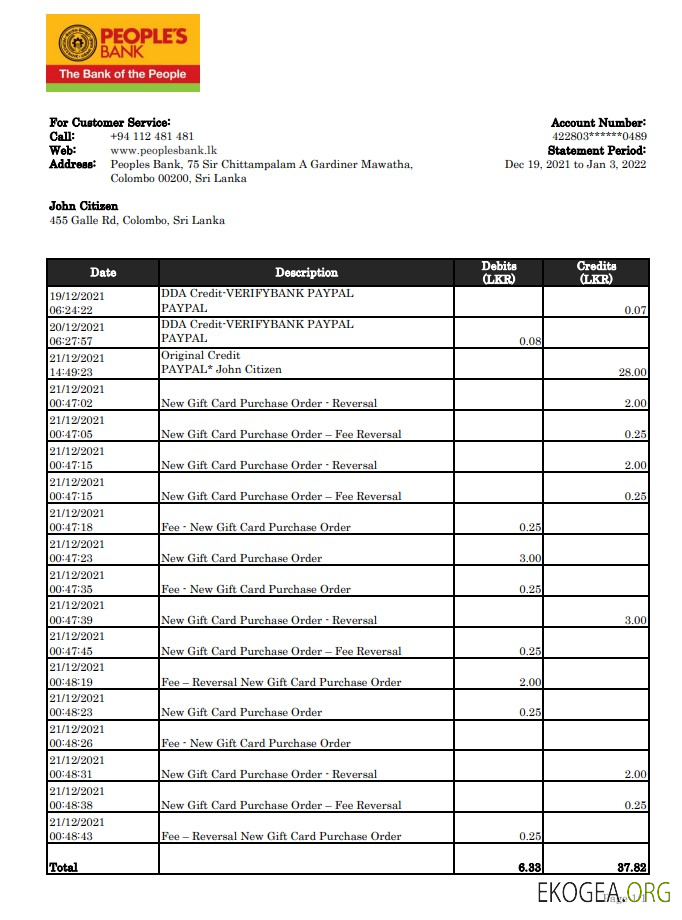 Relevé de la Banque populaire du Sri Lanka xls